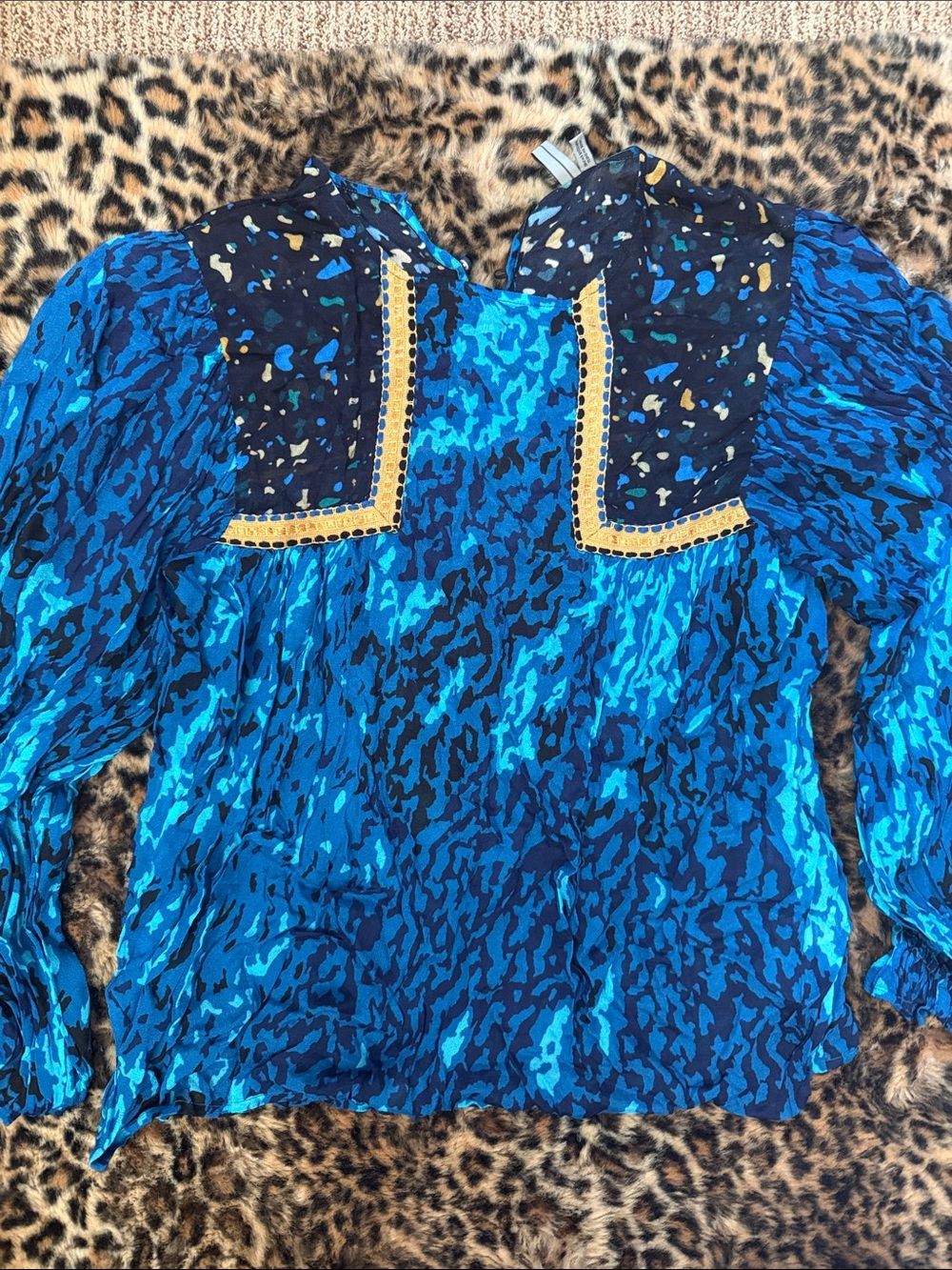 Anthropologie Blue Patterned Long-Sleeve Blouse with Black Yoke and Gold Trim